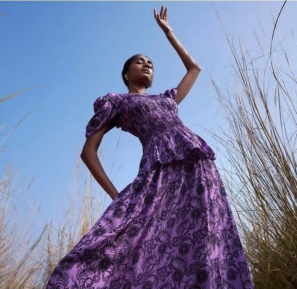 NWT BANJANAN Womens Tresse Lavender Purple Claudia Peplum Maxi Dress Size Small